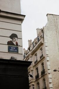 Parisian street scene featuring classic townhouses and Rue Amélie wall art.
