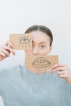 Artistic portrait of a woman holding cardboard illustrations of eye and mouth.