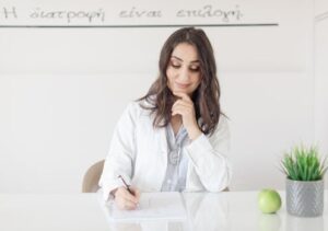 A female nutritionist in a lab coat writing notes with an apple and plant on the desk.